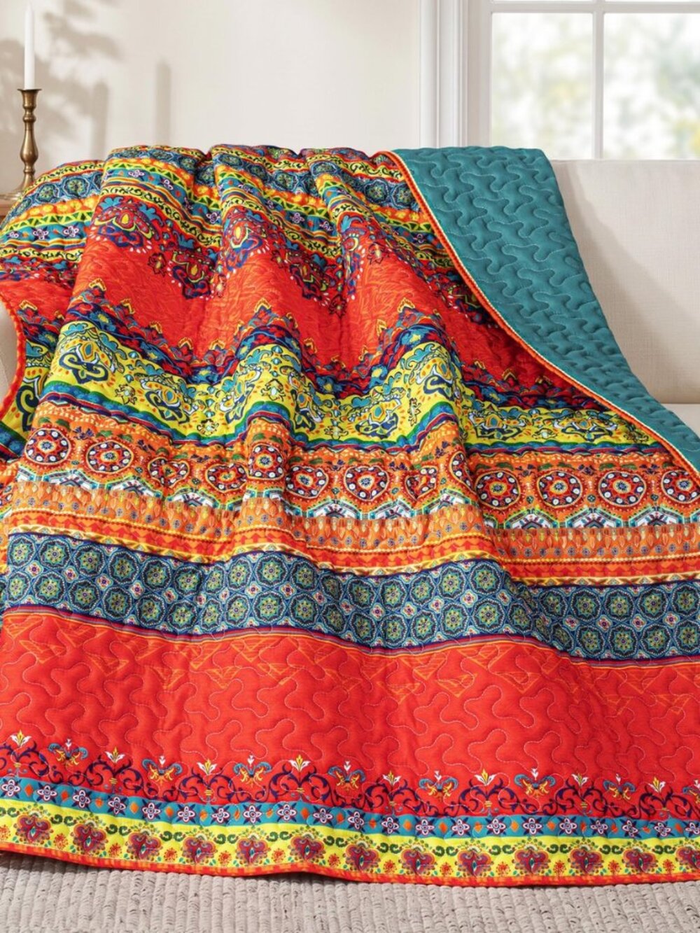 Reversible Boho Quilted Throw Blanket, 50"x 60"
